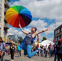 Indeedian at the Dublin Pride Parade with a rainbow umbrella