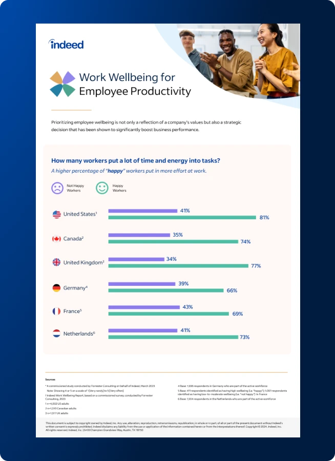 Thumbnail of fact sheet showing title “Work Wellbeing for Employee Productivity” featuring graphs and statistics