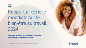 Couverture du rapport montrant le titre « Rapport à l'échelle mondiale sur le bien-être au travail 2024 » et le sous-titre « Tirez parti du plus grand ensemble de données au monde sur le bien-être au travail1 » avec une photo d'une femme souriant à une autre