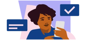 An illustration of a woman with an ipad