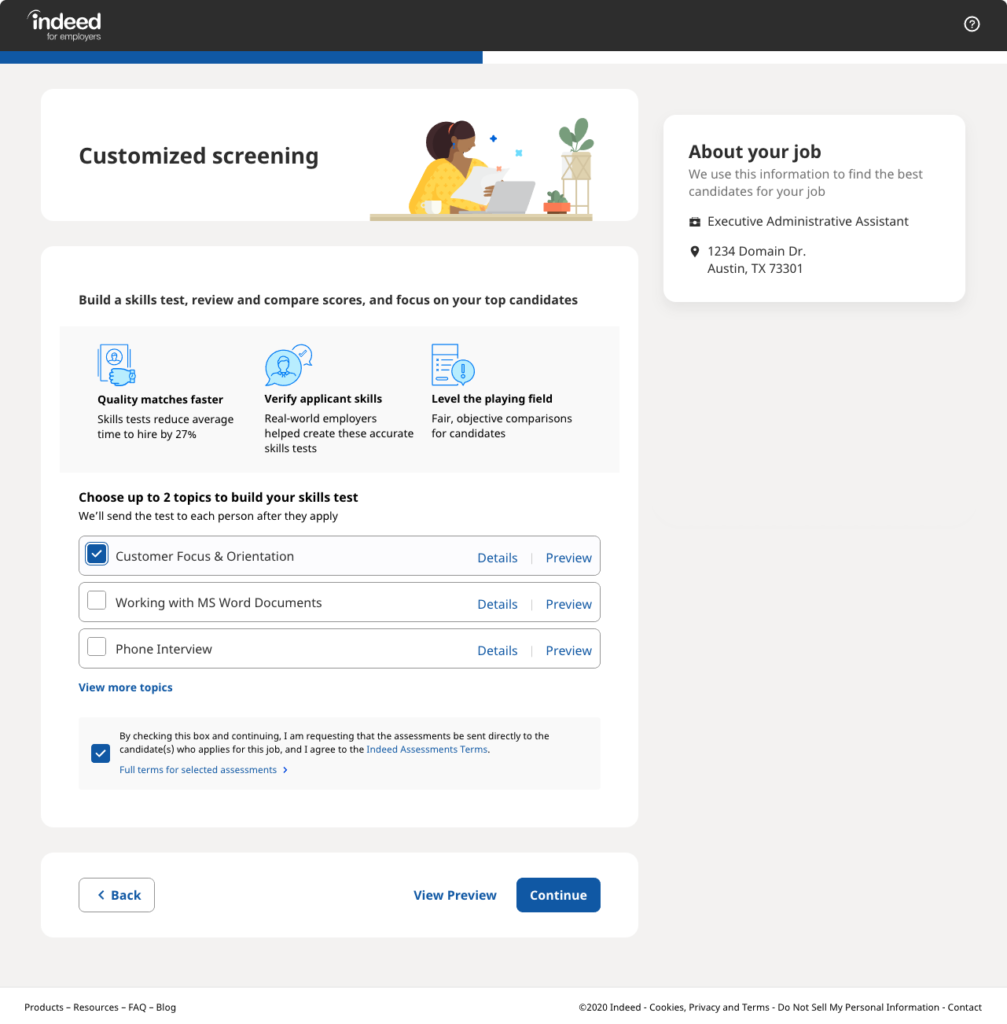 A screenshot of the automated testing portion of the Indeed Employer Dashboard