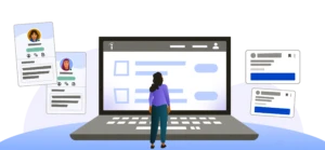 A person stands in front of a large laptop, showing Indeed profiles and sample job cards.