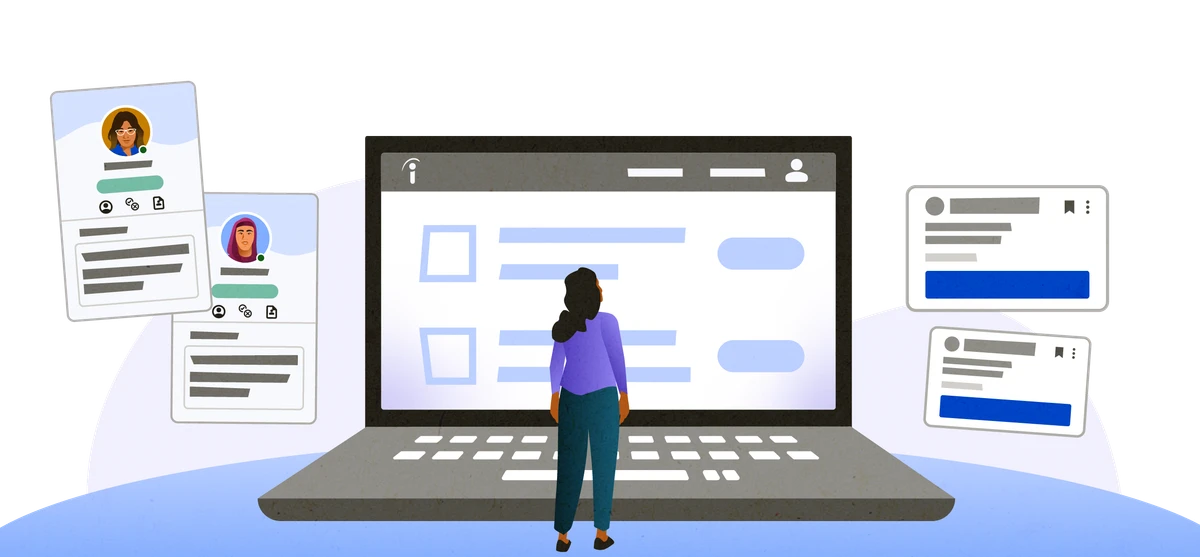 A person stands in front of a large laptop, showing Indeed profiles and sample job cards.