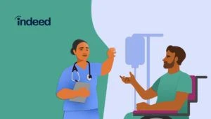 A CNA in uniform inspects a patient resting in bed. Monitors with vitals adorn the background.