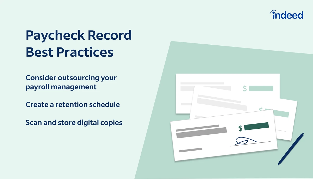An image of paychecks Text reads: "Paycheck Record Best Practices: Consider outsourcing your payroll management, Create a retention schedule, Scan and store digital copies"