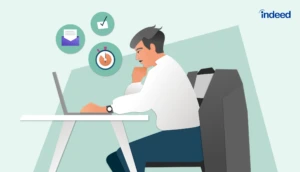 An employee working on their computer Text reads: "Benefits of Project Planning Tools: Saves time, Streamlines workflow, Increases productivity"