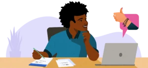 A person sits at a desk with a computer, while viewing a thumbs up icon