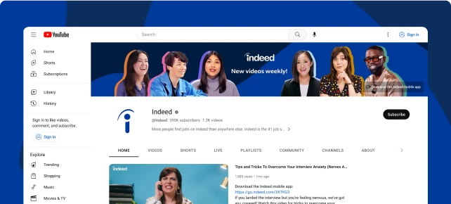 Indeed YouTube channel image showing thumbnails of various video resources