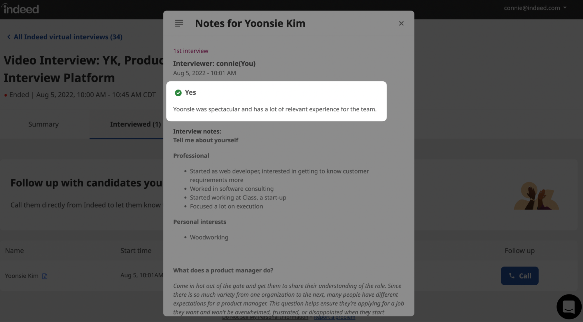 screenshot of disposition notes after an indeed interview