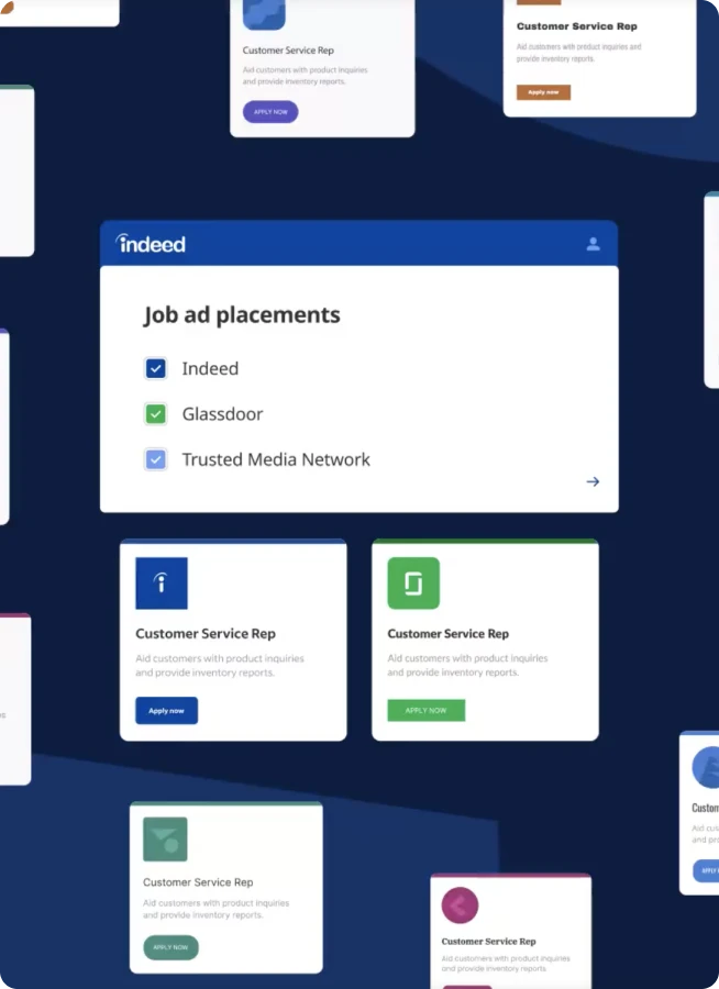 Job ad placements with options for Indeed, Glassdoor, Trusted Media Network