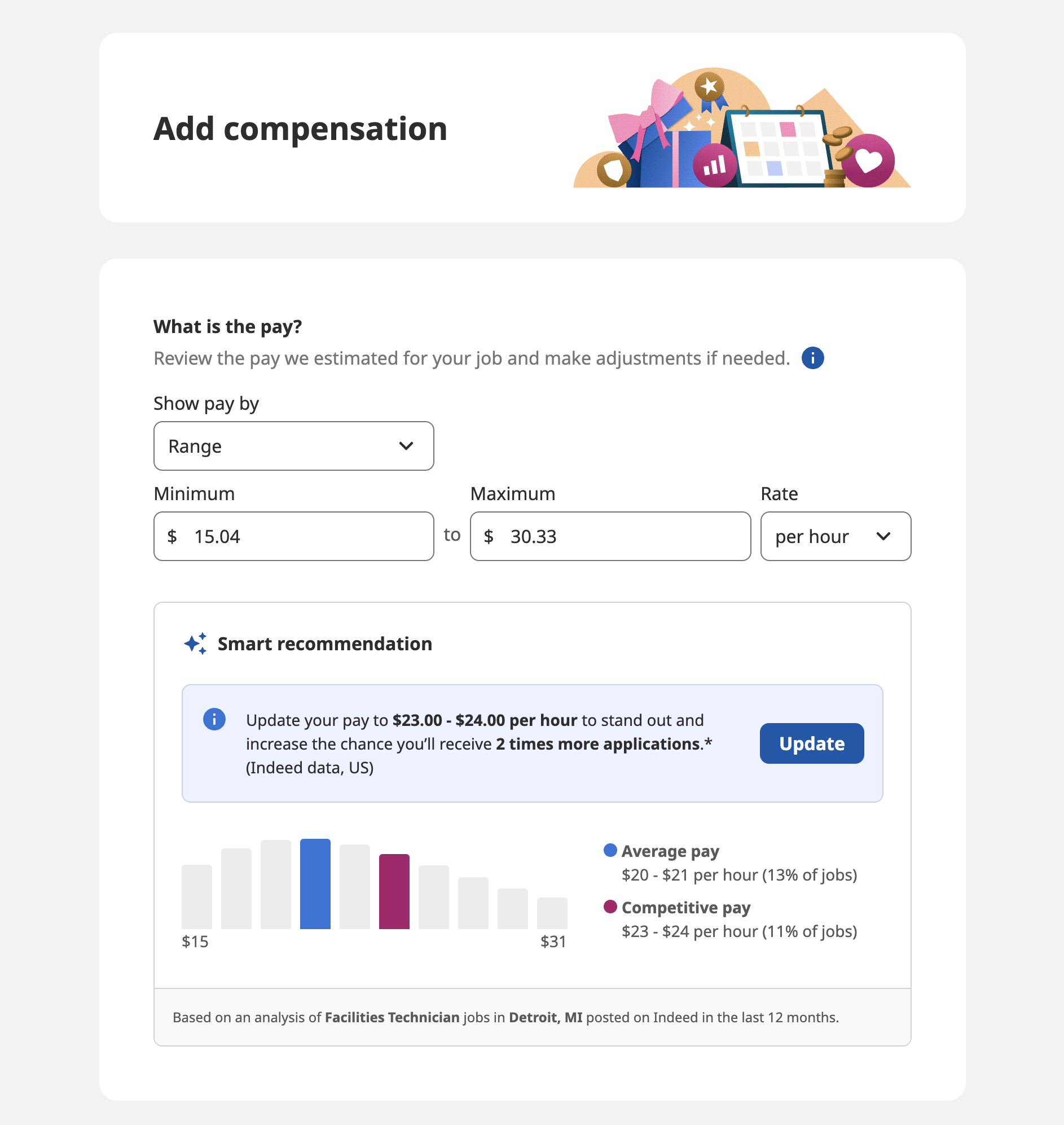 screenshot of compensation details page in the indeed post-a-job funnel
