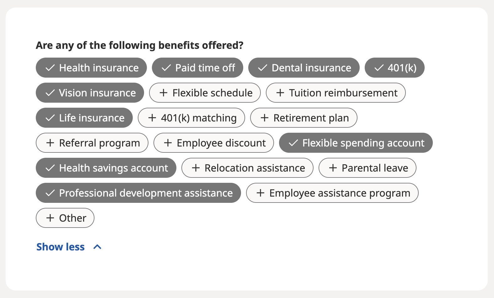 screenshot of benefits section of the indeed post-a-job funnel