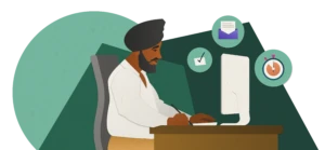 Illustration of a man working on a computer with a check mark icon, letter and timer surrounding him to represent the things he is juggling in his day.