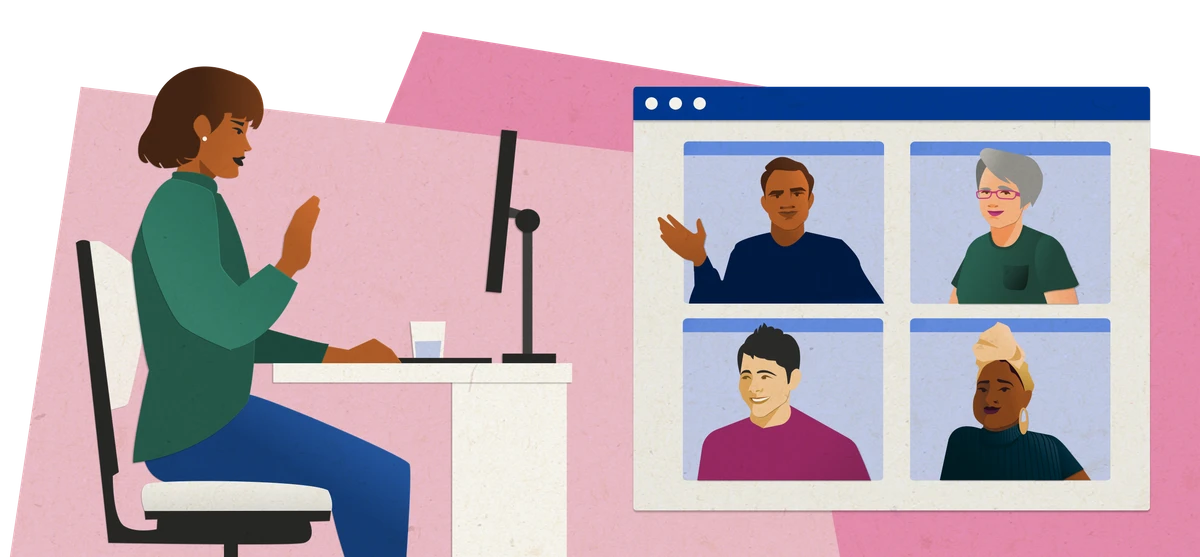 Illustration of a woman meeting 4 people on a screen.