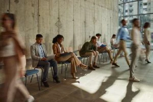 People sitting in building lobby waiting for an interview