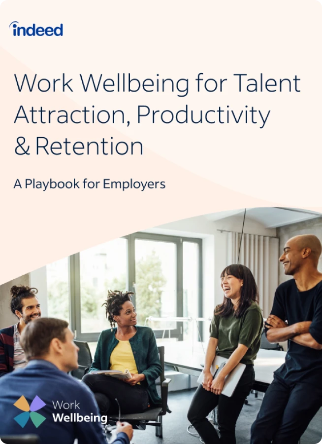 Cover of playbook showing title “Work Wellbeing for Talent Attraction, Productivity & Retention: A Playbook for Employers” with a picture of work colleagues laughing and smiling