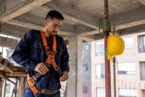 Building contractor putting on his safety harness at a construction site