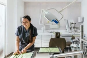 Smiling dental hygienist preparing instruments in modern dental clinic