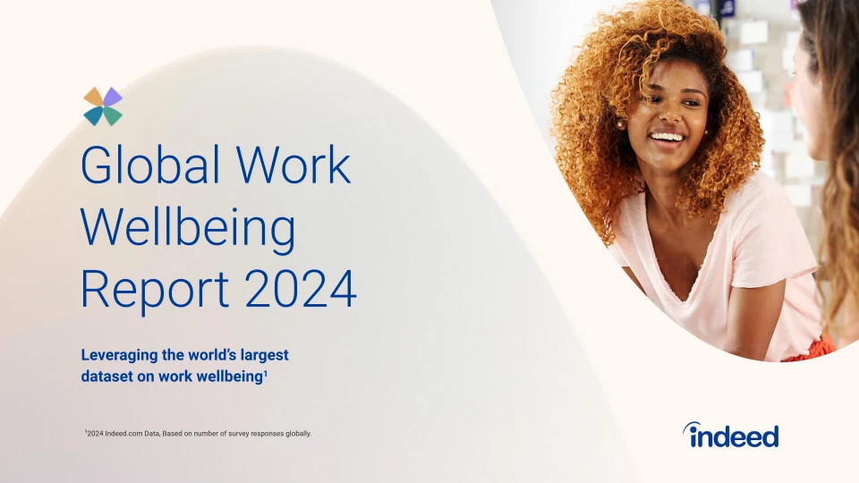 Cover of report showing title “Global Work Wellbeing Report 2024” and subtitle “Leveraging the world’s largest dataset on work wellbeing1” with a picture of a young woman smiling at another