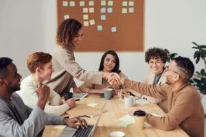 A team of workers collaborating during a meeting.