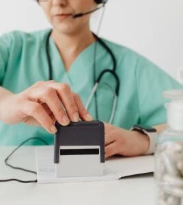 Medical practitioner filling out paperwork wearing scrubs and a stethoscope.