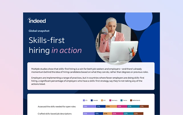 Thumbnail of infographic showing title “Global snapshot: Skills-first hiring in action” featuring graphs and statistics on hiring trends in six countries