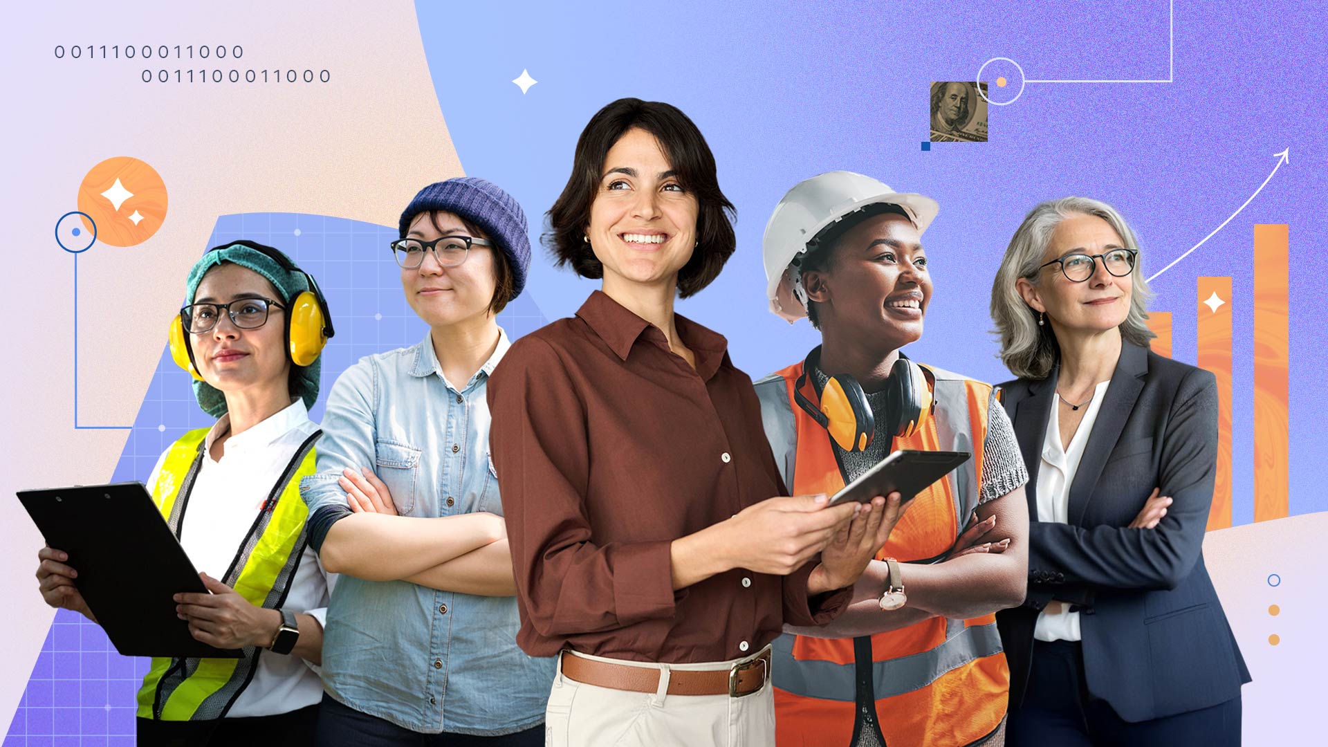 A group of women of different races and ages representing various industries and roles, including a woman in a construction hat and orange vest and a woman in a collared shirt holding a tablet.