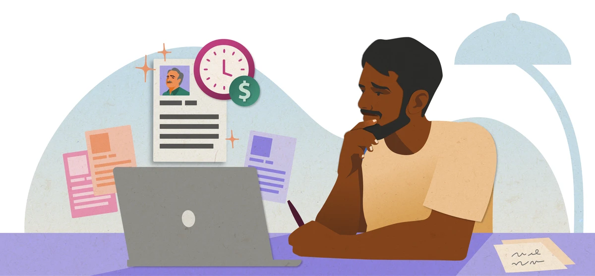 Illustration of a hiring manager at a laptop reviewing a candidate profile with clock and pay icons above it