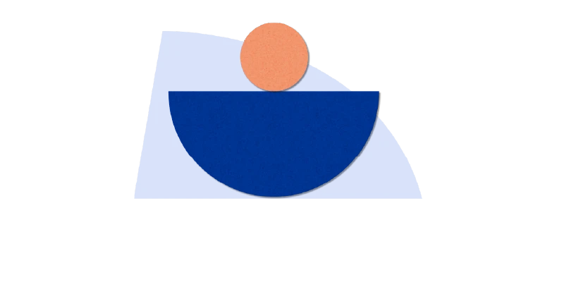 Geometric abstract art featuring a large blue semicircle with a textured smaller orange circle positioned above on a light blue background