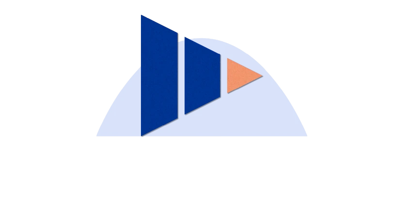 Graphical representation of a triangle with three bars transitioning from two bars in dark blue and ending with orange, set against a partial blue circle backdrop