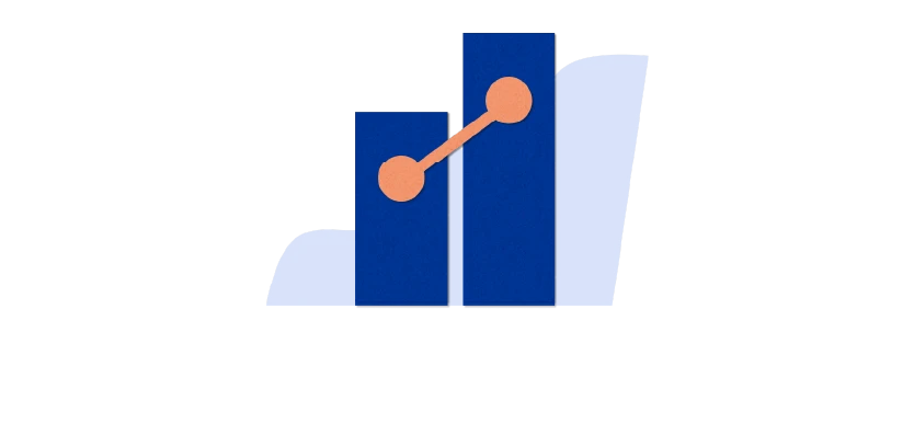 A stylized blue graph with an orange dot connecting two bars with a light blue shape in background