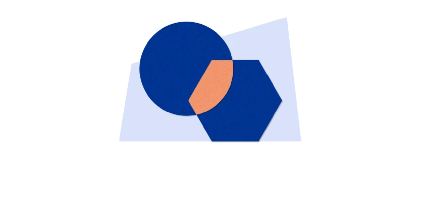 Two overlapping blue geometric shapes with a multicolor scheme