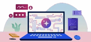 Illustration of a laptop showing interconnected circuit lines around a glowing icon, with charts and interface elements around it