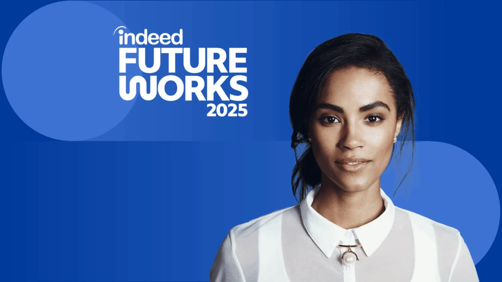 A title card with the name of the Indeed FutureWorks 2025 session featured in this story: “The AI Generation: Shaping the Future of Work”