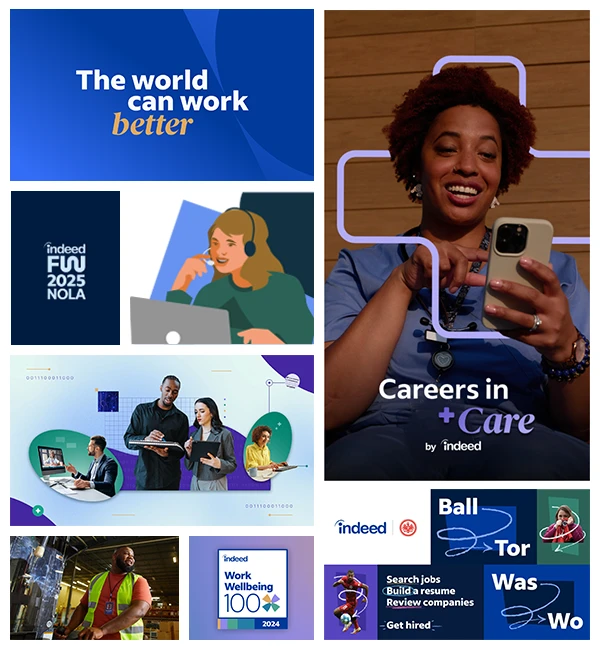 Collage of marketing created materials including ads, illustrations, logos and more.