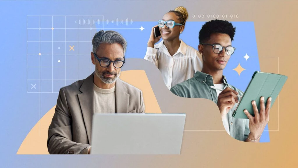 Three workers of different ages and ethnicities working happily on laptops, tablets, and their phones.