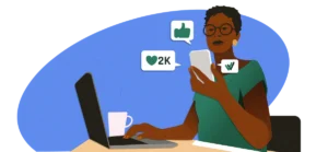 Illustration of a person at a laptop checking their phone while social engagement icons appear around them
