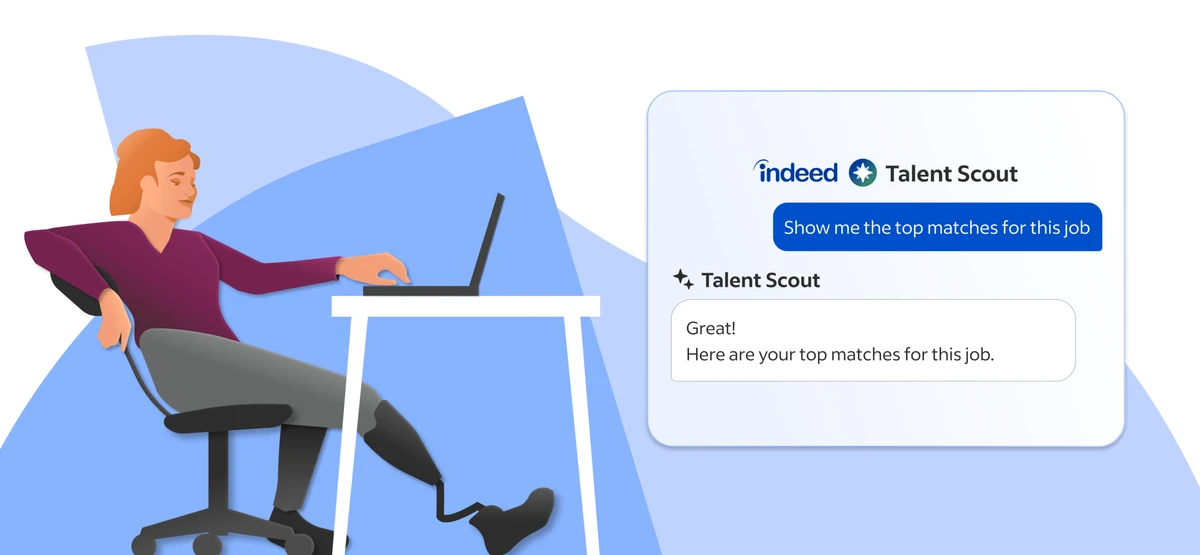 Person sitting at a desk with an open laptop. The person is chatting with Indeed Talent Scout about matched candidates for a job.