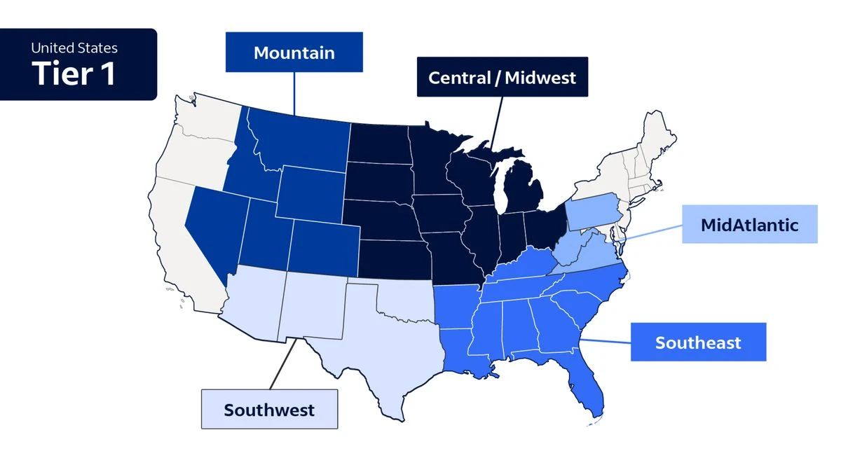 A map of the United States referencing the states highlighted in the United States Tier 1 copy. 
