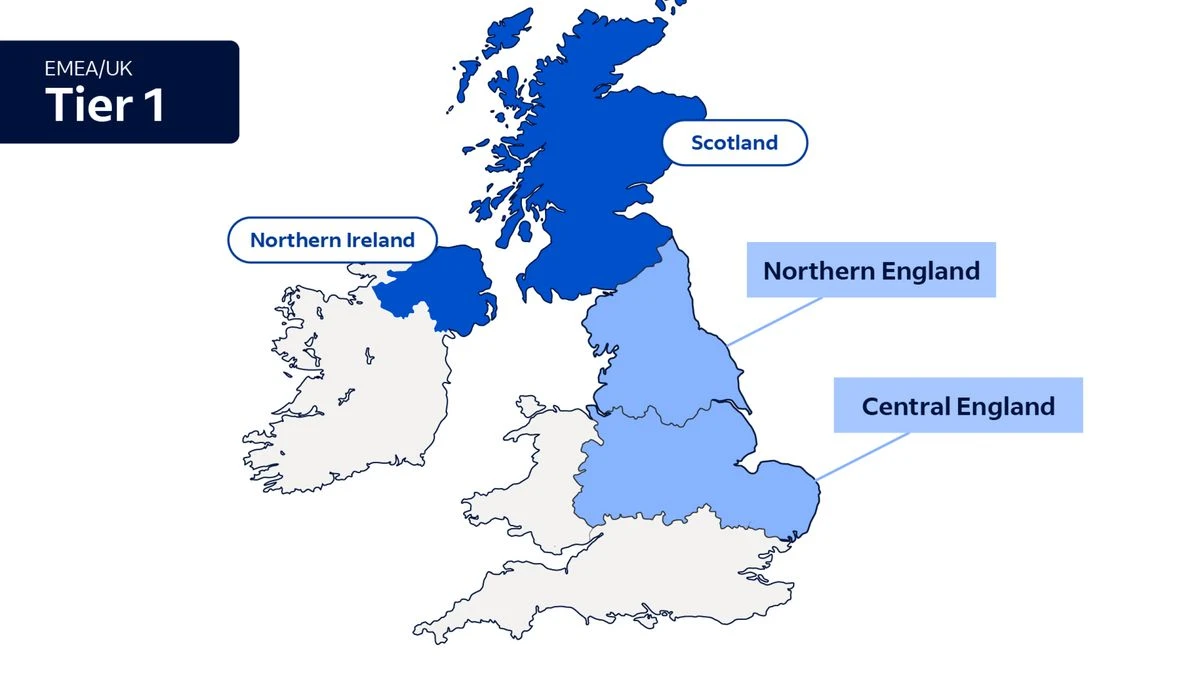 A map of EMEA and the UK referencing the countries highlighted in the Global Locations Tier 1 copy. 