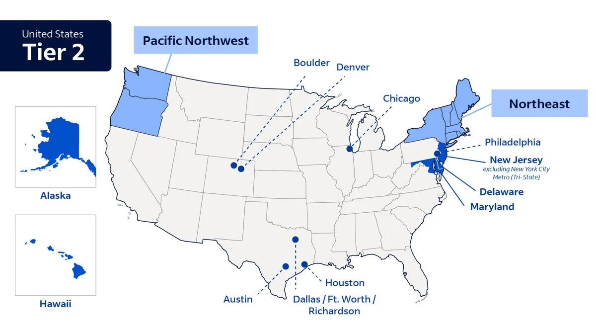 A map of the United States referencing the states highlighted in the United States Tier 2 copy.