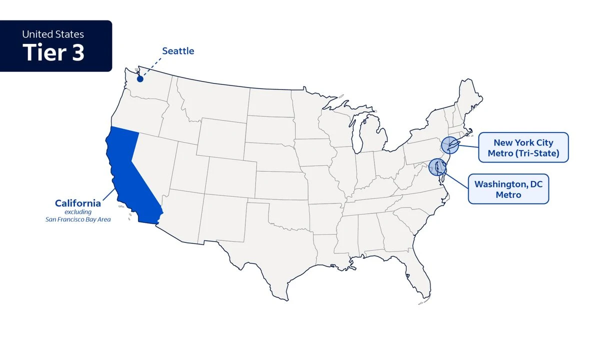 A map of the United States referencing the states highlighted in the United States Tier 3 copy.  