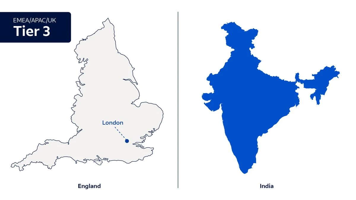 A map of EMEA, APAC, and the UK referencing the countries highlighted in the Global Locations Tier 3 copy. 