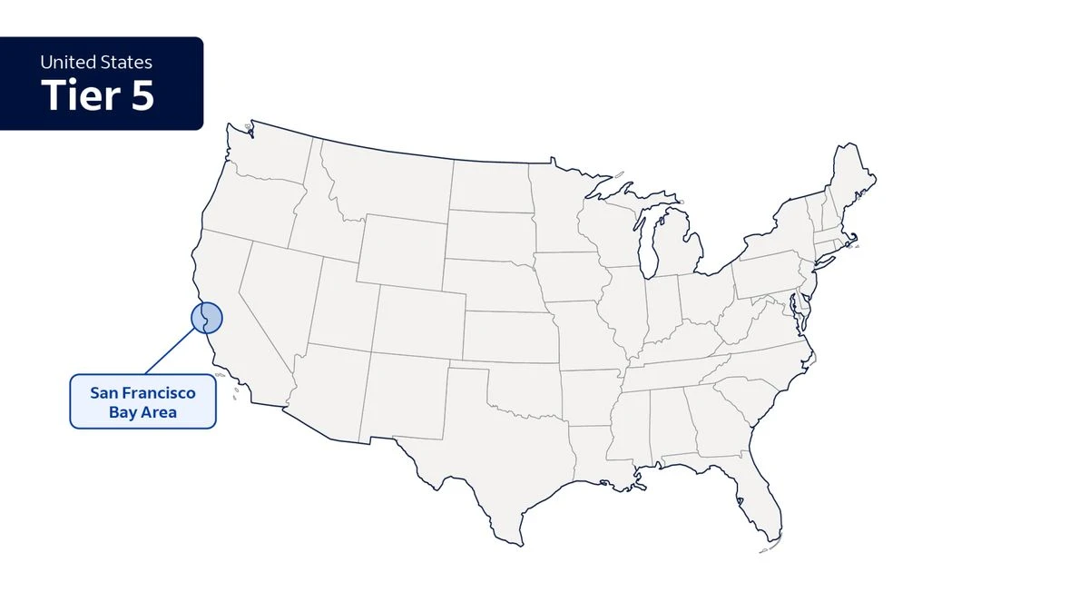 A map of the United States referencing the states highlighted in the United States Tier 5 copy.  