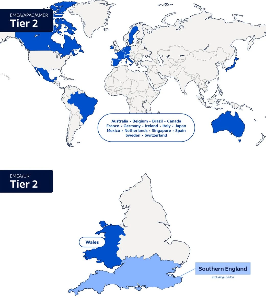 A map of EMEA, APAC, AMER and UK referencing the countries highlighted in the Global Locations Tier 2 copy.
