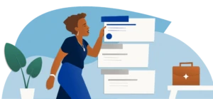 A standing woman looks at a selection of three possible job listings