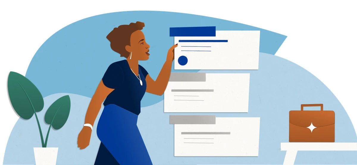 A standing woman looks at a selection of three possible job listings