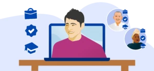 A person pictured on a laptop screen is shown alongside two smaller portraits reflecting abstract version of their Indeed profiles