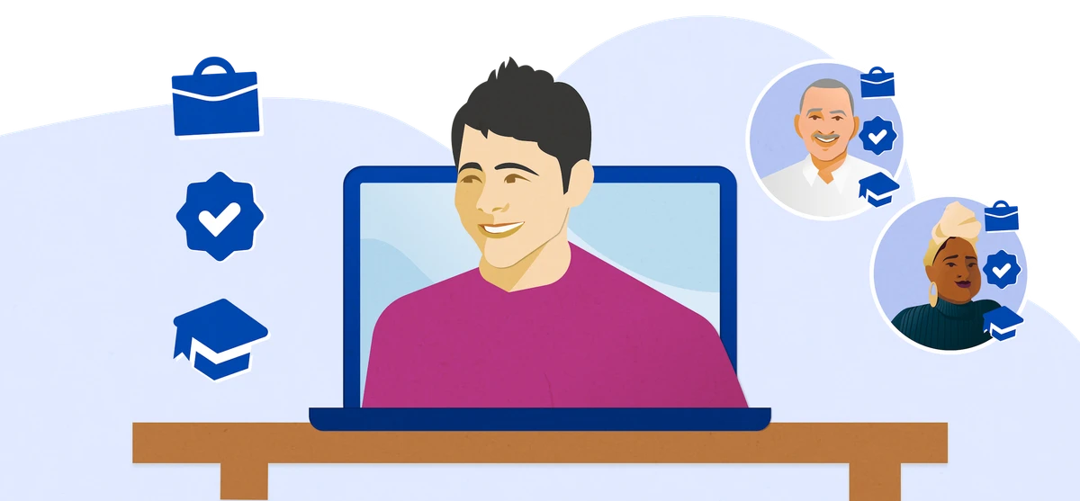A person pictured on a laptop screen is shown alongside two smaller portraits reflecting abstract version of their Indeed profiles