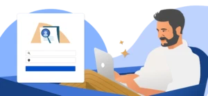 A man sits at a laptop computer looking at two search bars